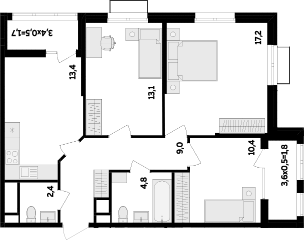 Планировка трёхкомнатная 73.8 м² в ЖК «МегаСити», корпус 2.2