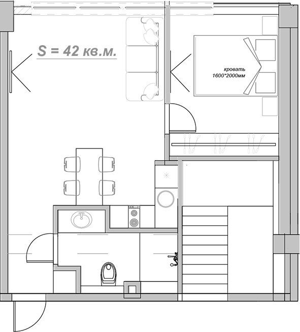 Планировка свободная планировка 43.5 м² в ЖК «Mirror», корпус 1