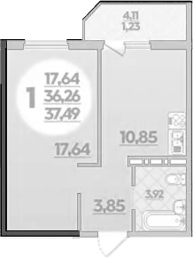 Планировка однокомнатная 37.49 м² в ЖК «Молодежный 2», корпус 14