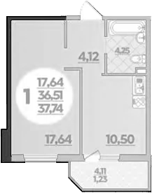 Планировка однокомнатная 37.74 м² в ЖК «Молодежный 2», корпус 14