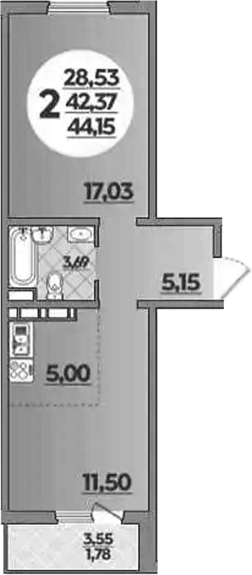 Планировка однокомнатная 44.15 м² в ЖК «Молодежный 2», корпус 13