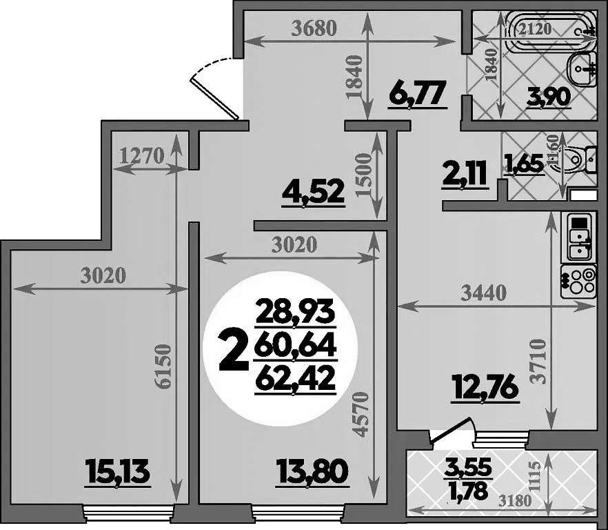 Планировка двухкомнатная 62.42 м² в ЖК «Молодежный 2», корпус 6