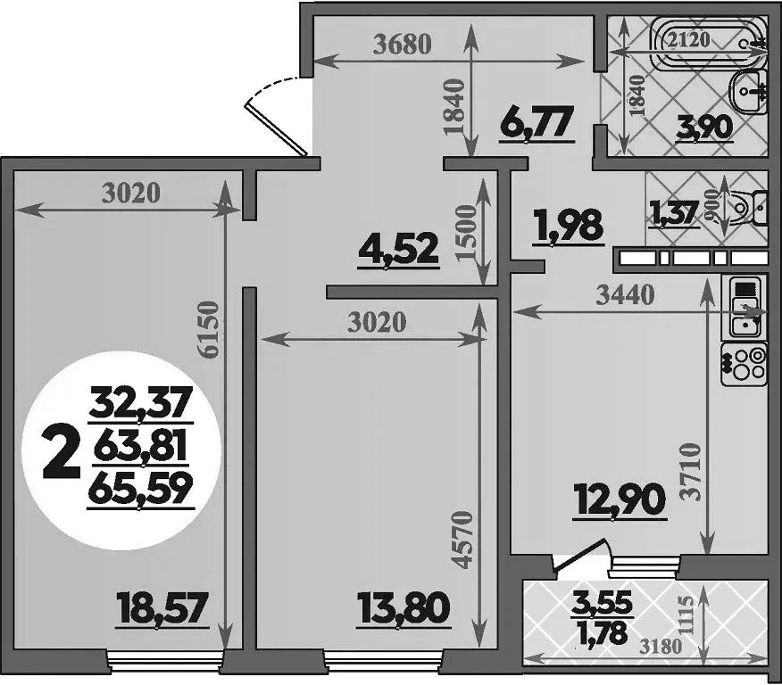 Планировка двухкомнатная 65.59 м² в ЖК «Молодежный 2», корпус 6