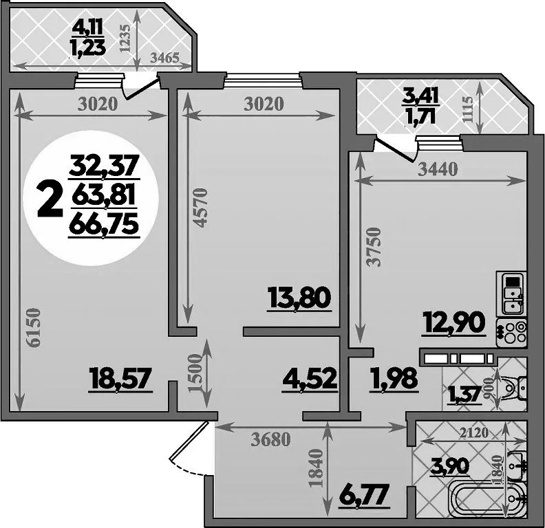 Планировка двухкомнатная 66.75 м² в ЖК «Молодежный 2», корпус 6