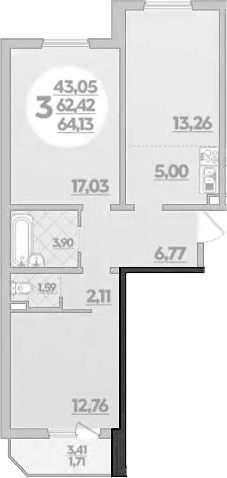 Планировка трёхкомнатная 64.13 м² в ЖК «Молодежный 2», корпус 14