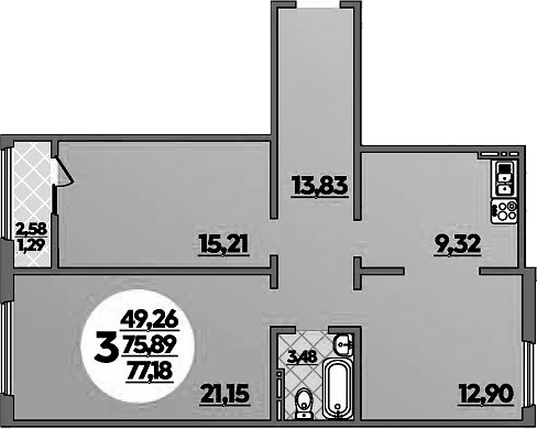 Планировка трёхкомнатная 77.18 м² в ЖК «Молодежный 2», корпус 2