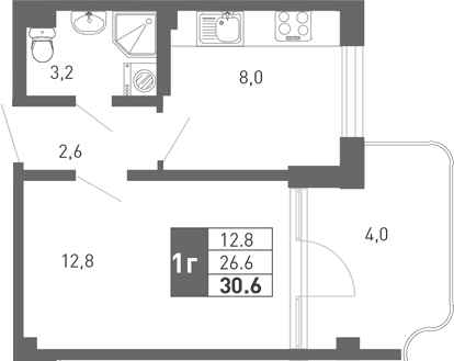 Планировка евродвушка (2Е) 27.5 м² в ЖК «Монако», корпус 2