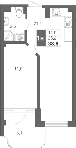 Планировка евродвушка (2Е) 36.2 м² в ЖК «Монако», корпус 2