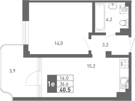 Планировка евродвушка (2Е) 37.1 м² в ЖК «Монако», корпус 2