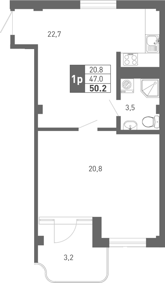 Планировка евродвушка (2Е) 46.7 м² в ЖК «Монако», корпус 2