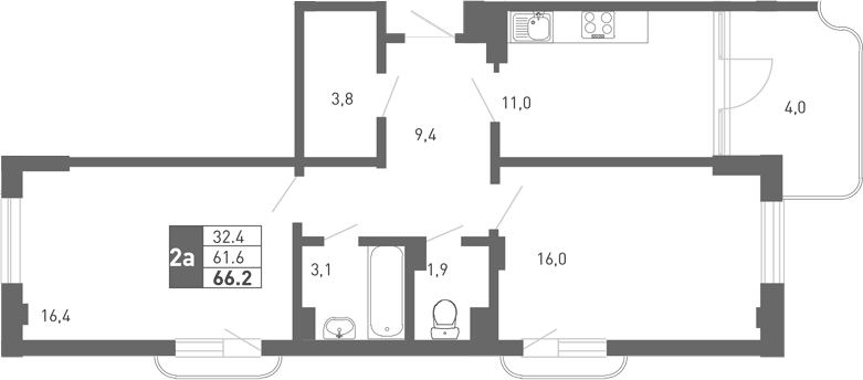 Планировка двухкомнатная 63 м² в ЖК «Монако», корпус 2
