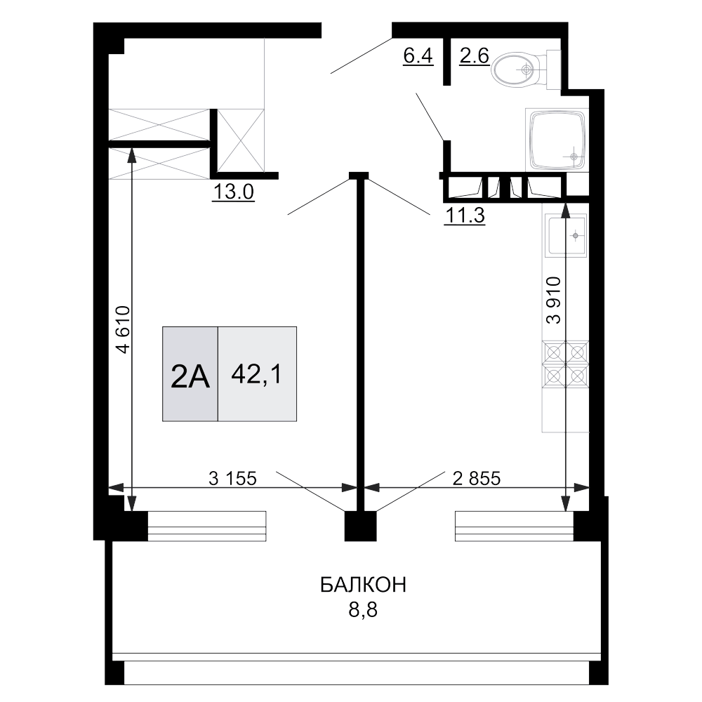Планировка евродвушка (2Е) 42.1 м² в ЖК «Гостиничный комплекс Мореград», корпус 1.1