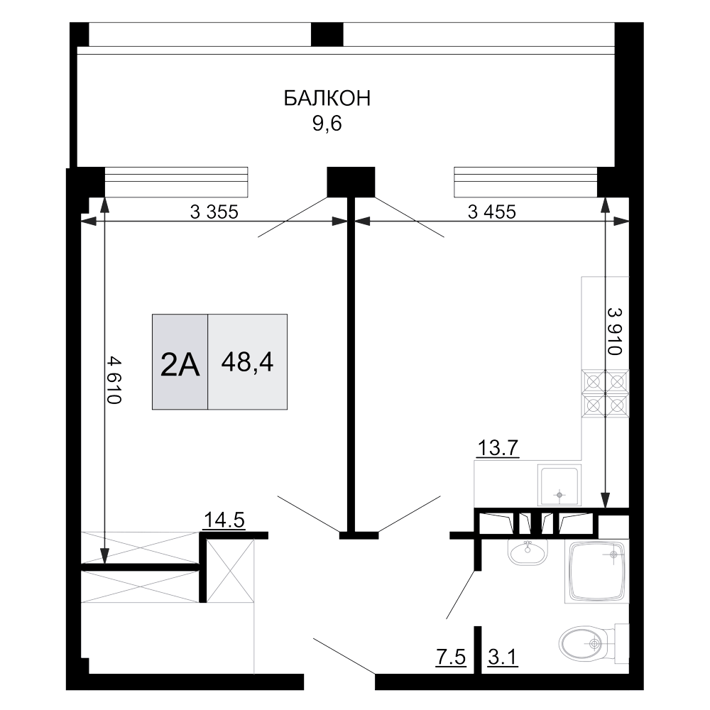 Планировка евродвушка (2Е) 48.4 м² в ЖК «Гостиничный комплекс Мореград», корпус 1.1