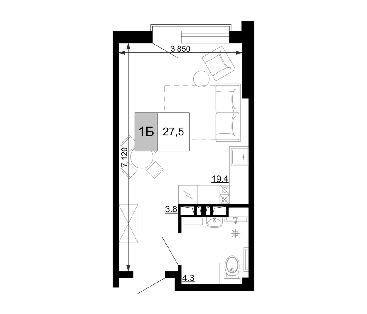 Планировка Студии 27.5 м² в ЖК «Гостиничный комплекс Мореград», корпус 2.2