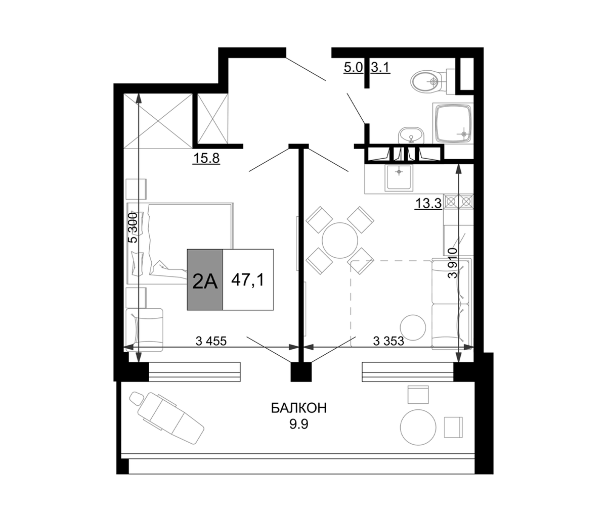 Планировка Студии 47.1 м² в ЖК «Гостиничный комплекс Мореград», корпус 2.2
