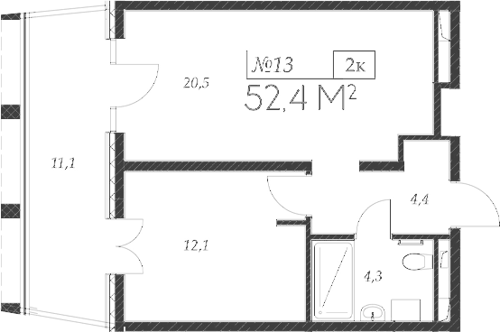 Планировка евродвушка (2Е) 52.4 м² в ЖК «Морелло», корпус 1