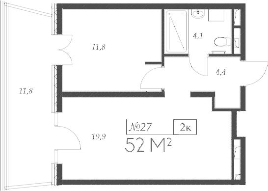 Планировка евродвушка (2Е) 52 м² в ЖК «Морелло», корпус 1