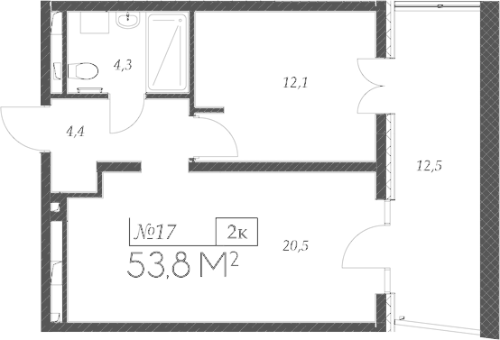 Планировка евродвушка (2Е) 53.8 м² в ЖК «Морелло», корпус 1