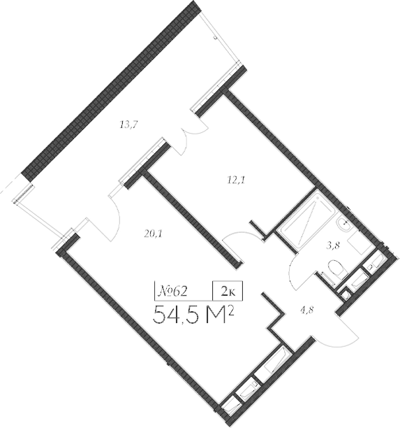 Планировка евродвушка (2Е) 54.5 м² в ЖК «Морелло», корпус 1