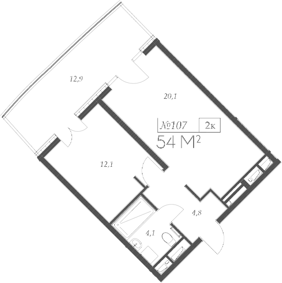 Планировка евродвушка (2Е) 54 м² в ЖК «Морелло», корпус 1