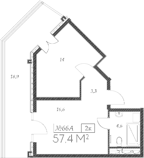 Планировка евродвушка (2Е) 57.4 м² в ЖК «Морелло», корпус 1