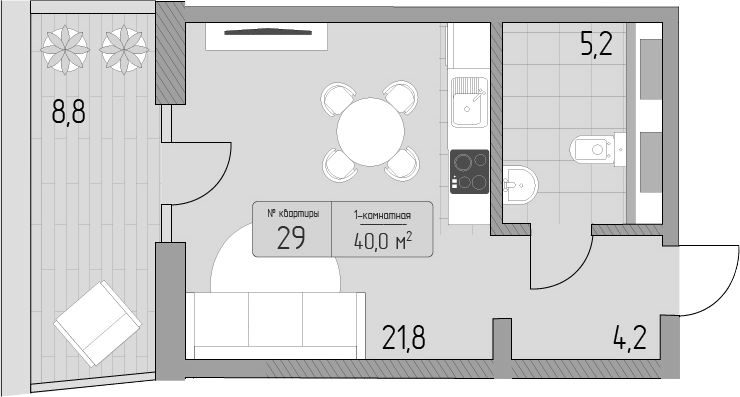 Планировка Студии 40 м² в ЖК «Морелло», корпус 1