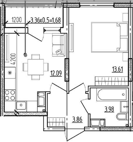 Планировка однокомнатная 35.22 м² в ЖК «Моренуар», корпус 23