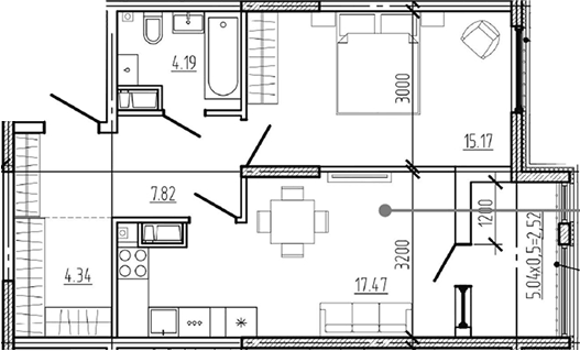 Планировка евродвушка (2Е) 51.51 м² в ЖК «Моренуар», корпус 21
