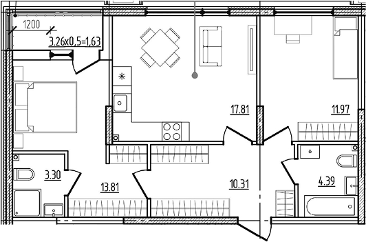 Планировка двухкомнатная 63.22 м² в ЖК «Моренуар», корпус 22