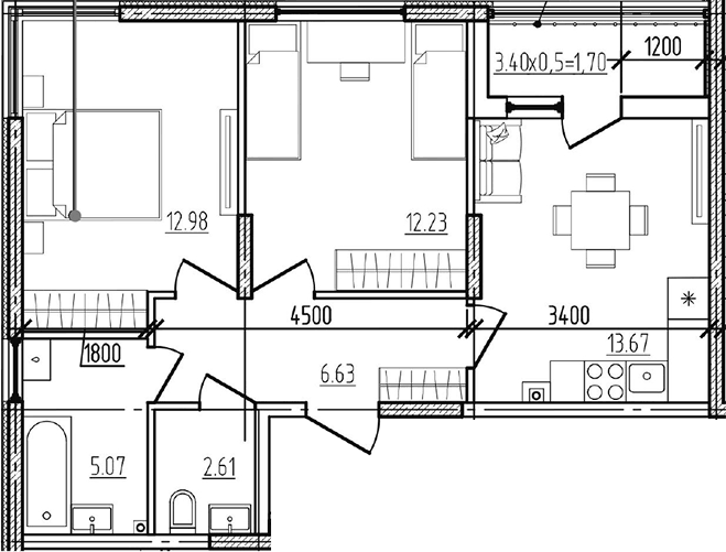 Планировка евротрёшка (3Е) 54.89 м² в ЖК «Моренуар», корпус 20