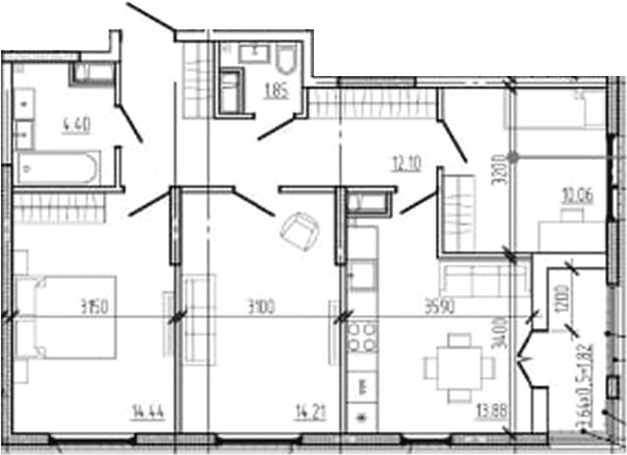 Планировка трёхкомнатная 72.76 м² в ЖК «Моренуар», корпус 21