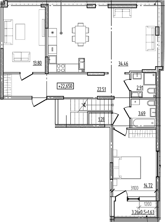 Планировка четырёхкомнатная 167.95 м² в ЖК «Моренуар», корпус 22