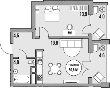 Планировка однокомнатная 50.8 м² в ЖК «МореТут», корпус 1
