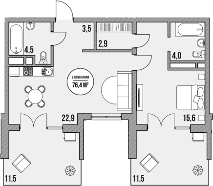 Планировка однокомнатная 76.4 м² в ЖК «МореТут», корпус 1