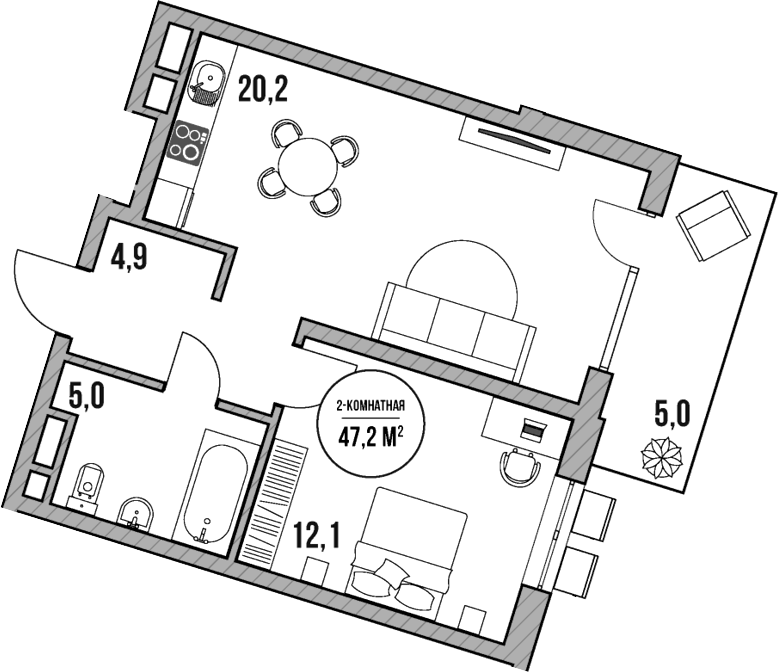 Планировка евродвушка (2Е) 47.2 м² в ЖК «МореТут», корпус 5