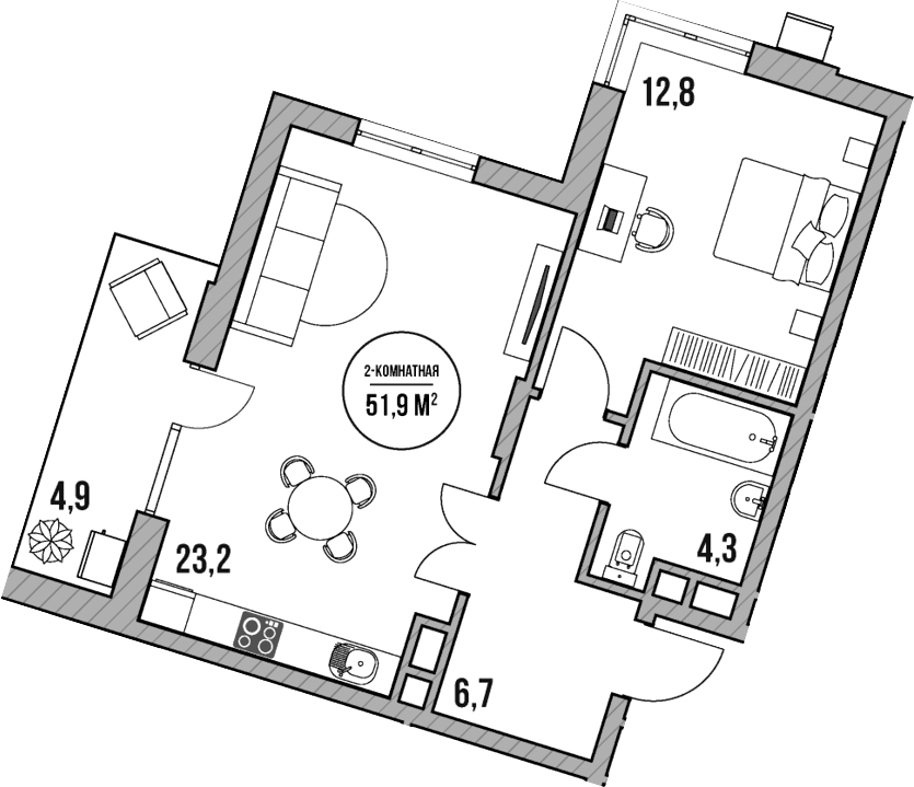 Планировка евродвушка (2Е) 51.9 м² в ЖК «МореТут», корпус 5