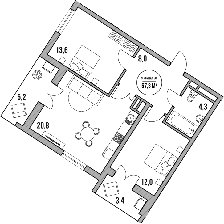 Планировка евротрёшка (3Е) 67.3 м² в ЖК «МореТут», корпус 4