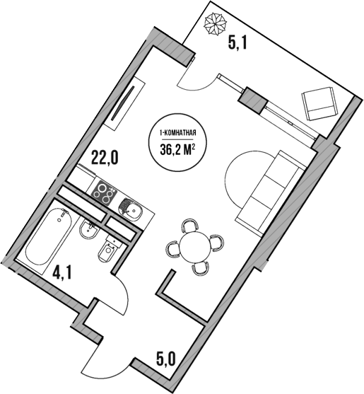 Планировка Студии 36.2 м² в ЖК «МореТут», корпус 4