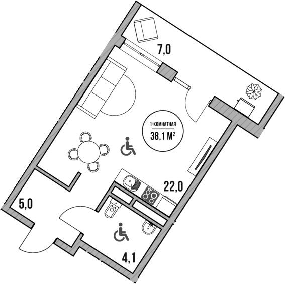 Планировка Студии 38.1 м² в ЖК «МореТут», корпус 4