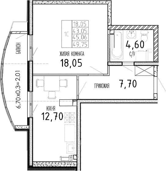 Планировка однокомнатная 49.75 м² в ЖК «Мост», корпус 1