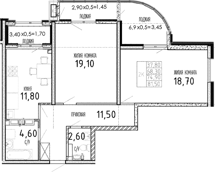 Планировка двухкомнатная 81.5 м² в ЖК «Мост», корпус 1