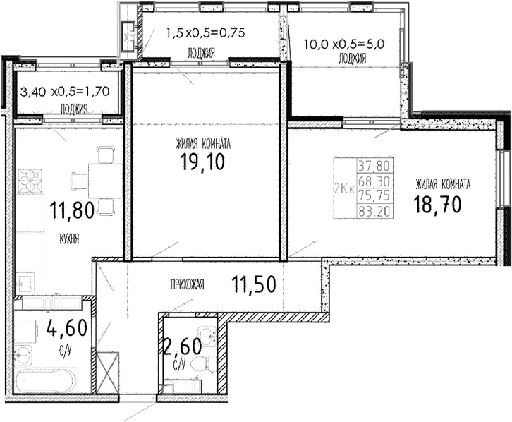 Планировка двухкомнатная 83.2 м² в ЖК «Мост», корпус 1