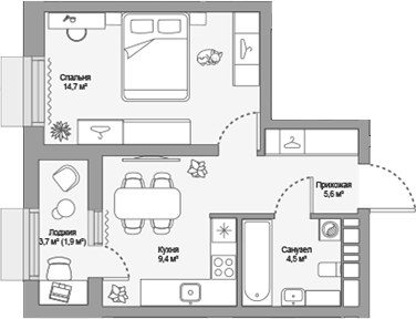 Планировка однокомнатная 36.1 м² в ЖК «МЖК», корпус Урбан-квартал МОРЕ
