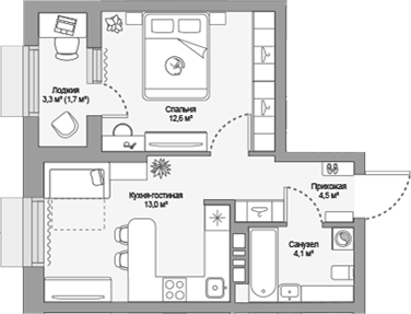 Планировка евродвушка (2Е) 35.9 м² в ЖК «МЖК», корпус Урбан-квартал МОРЕ