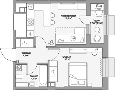 Планировка евродвушка (2Е) 40.7 м² в ЖК «МЖК», корпус Урбан-квартал МОРЕ