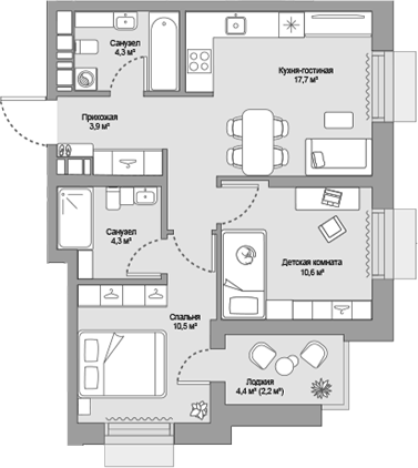 Планировка евротрёшка (3Е) 53.5 м² в ЖК «МЖК», корпус Урбан-квартал МОРЕ