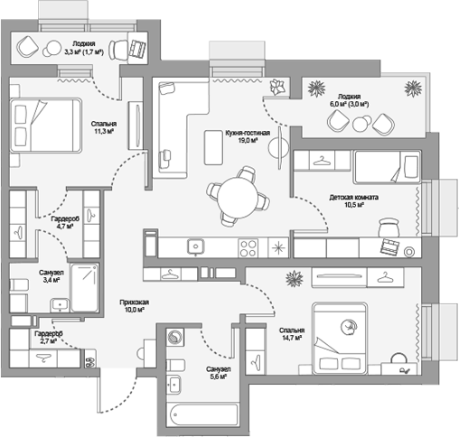 Планировка евро-4 (4Е) 86.6 м² в ЖК «МЖК», корпус Урбан-квартал МОРЕ