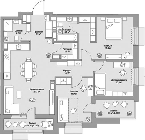 Планировка евро-4 (4Е) 91.7 м² в ЖК «МЖК», корпус Урбан-квартал МОРЕ