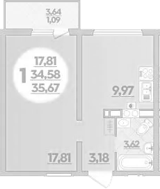 Планировка однокомнатная 35.67 м² в ЖК «На Артиллерийской», корпус 1