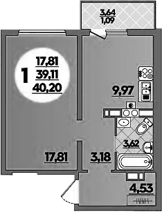 Планировка однокомнатная 40.2 м² в ЖК «На Артиллерийской», корпус 1
